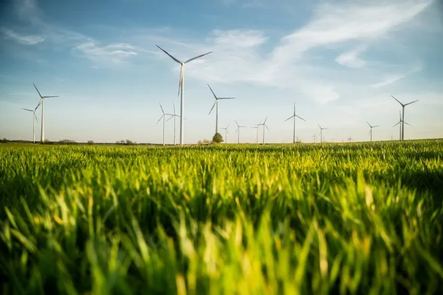 Wind turbines over green farmland under a clear sky