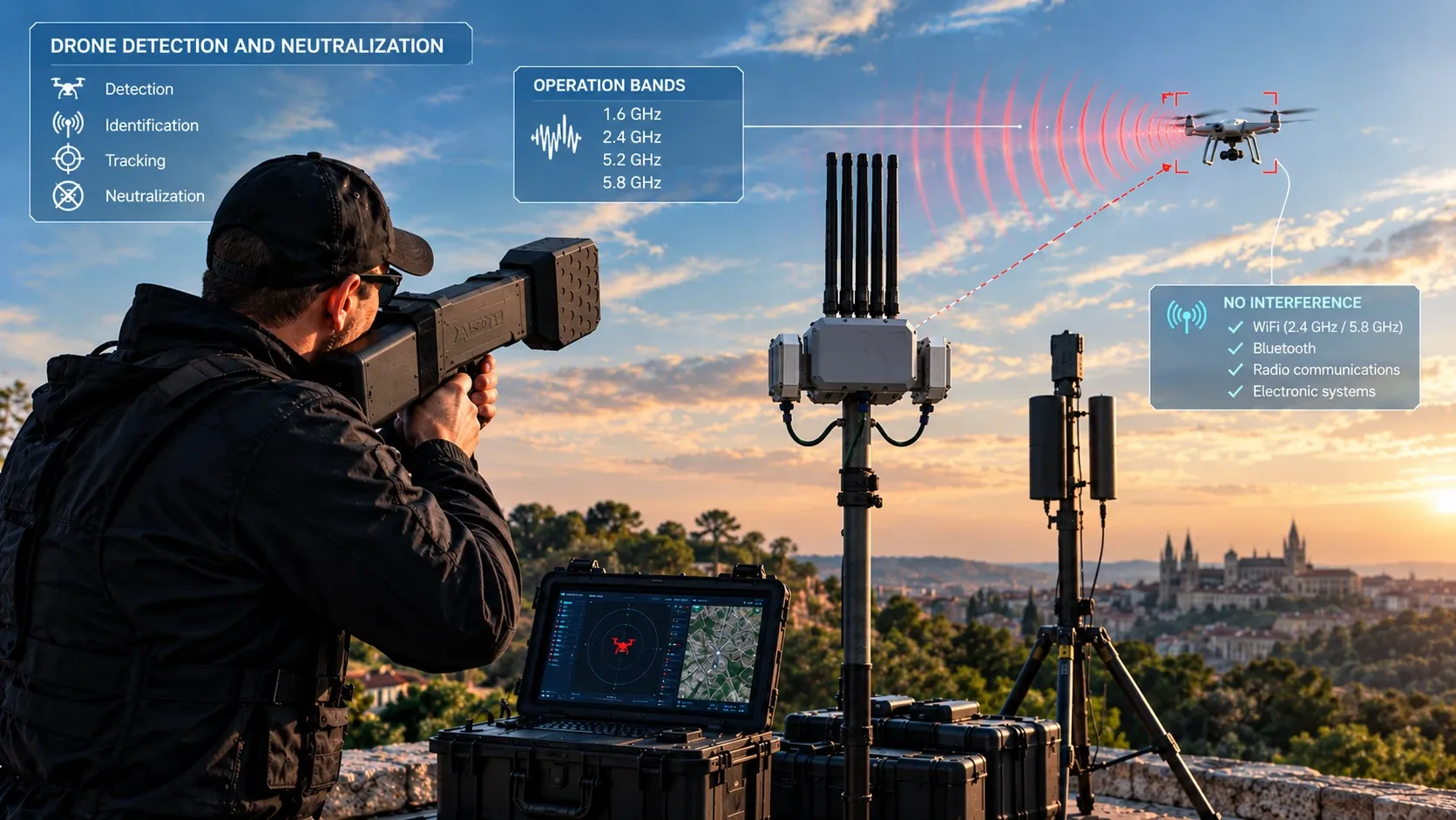 Counter-drone detection system scanning the airspace over a protected facility at dusk