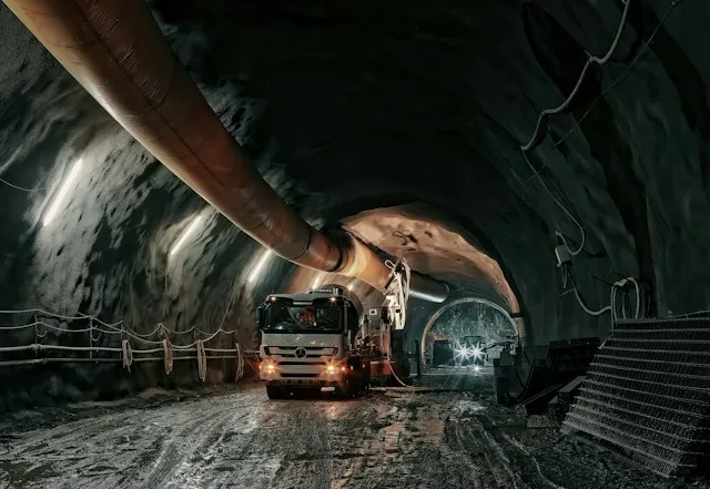 Haul truck inside a lit underground mine tunnel
