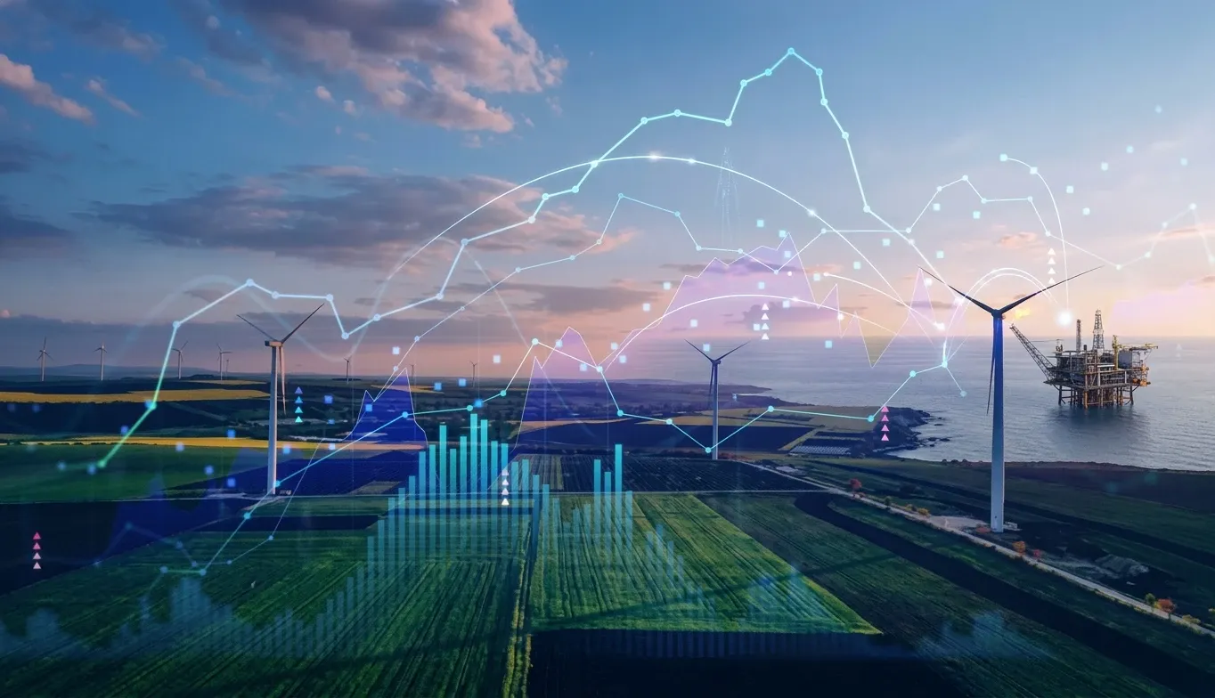 Wind farm and offshore platform overlaid with energy market data charts
